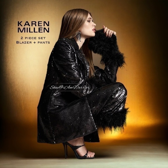 Karen Millen NWT 2 PC black feather trim sequin  blazer + pants *shop@iamwarrior - Picture 3 of 11